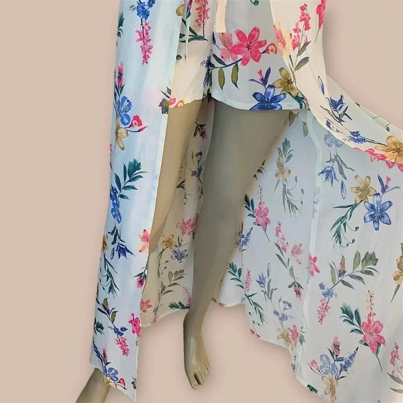 Joe B Tropical Romper Shorts Overlay Open Maxi Skirt Size L Tie Waist Pull On - Picture 4 of 16